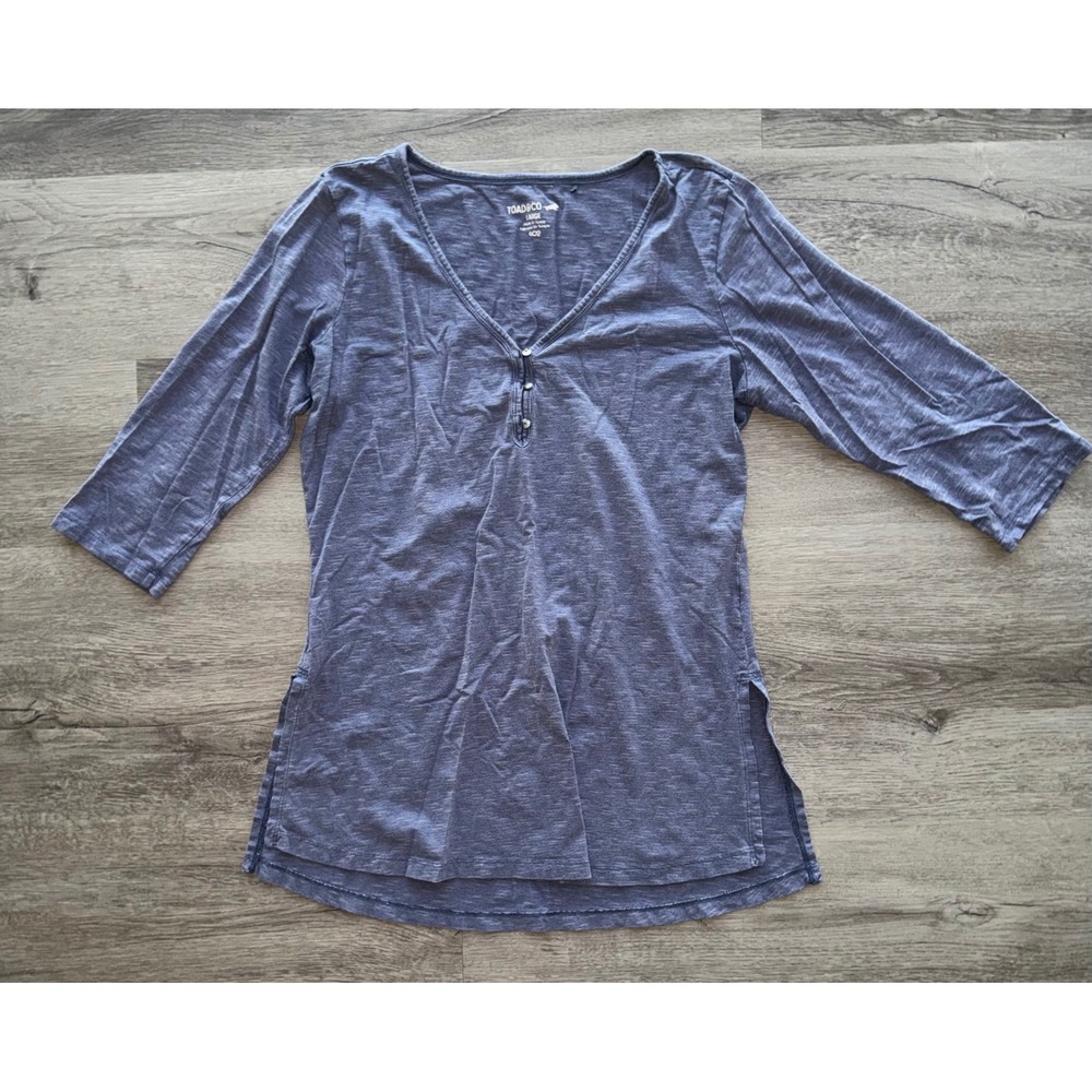 Toad&Co Women's Blue 1/2 Sleeve Henley Shirt Large Side Slits